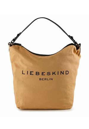 Sac d'épaule en tissu tanné avec une fermeture éclair noire et une poignée, arborant un logo "Liebeskind Berlin" audacieux à l'avant.