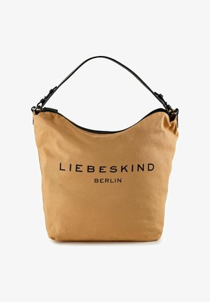 Torba na ramię z tkaniny w kolorze koniakowym z czarnym suwakiem i uchwytem, z wyraźnym logo "Liebeskind Berlin" na przodzie.