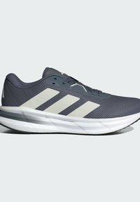 Running shoe with a breathable navy mesh upper, white three-stripe design, and a cushioned cloudfoam sole for comfort and support.