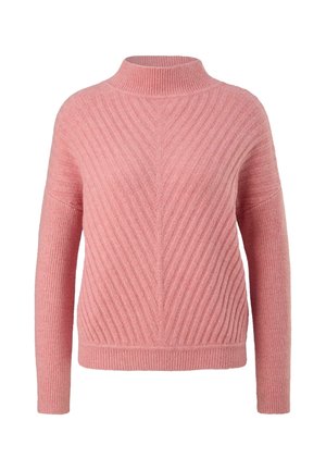 Pull en maille côtelée rose avec un col rond haut, des manches longues et un motif chevron sur le devant et le haut des manches.