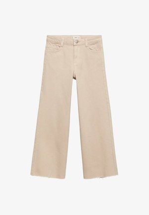 béžové jeansy so širokými nohavicami, bavlnený materiál, stredne vysoký pás, detail prednej vrecka, rozstrapkaný lem, zapínanie na gombík a jemné švy.