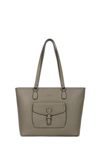 Borsa a tracolla in finta pelle grigia con manici, tasca sul risvolto anteriore e hardware in tono argento; texture liscia e design strutturato.