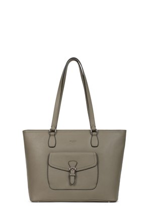 Borsa a tracolla in finta pelle grigia con manici, tasca sul risvolto anteriore e hardware in tono argento; texture liscia e design strutturato.