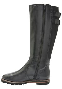 Bottes noires en cuir montant jusqu'au genou, avec une fermeture éclair à l'avant, des détails brogue, des panneaux latéraux texturés et une semelle en caoutchouc avec un petit talon.