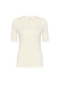 Zachte, crèmekleurige T-shirt gemaakt van een gladde stof. Bevat een ronde halslijn en korte mouwen, met een aansluitende pasvorm.