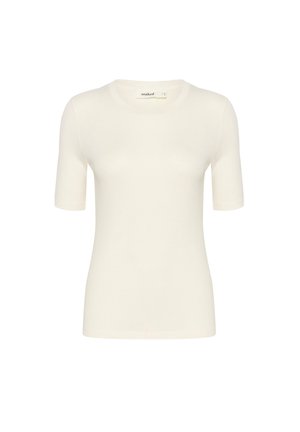 T-shirt morbido color crema realizzato in un tessuto liscio. Presenta un collo rotondo e maniche corte, con una forma aderente.