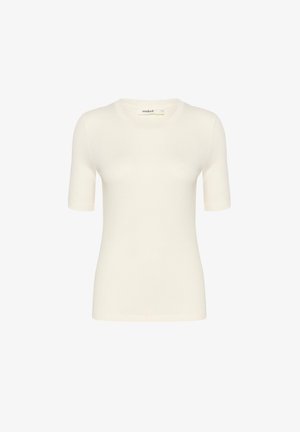 Zachte, crèmekleurige T-shirt gemaakt van een gladde stof. Bevat een ronde halslijn en korte mouwen, met een aansluitende pasvorm.