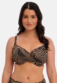 Top de bikini con aros en color marrón y negro con un detalle frontal retorcido, tirantes ajustables y una textura de tela suave.