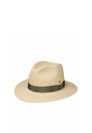 Light beige wide-brimmed fedora hat with a dark green ribbon band and a small red circular logo on the side.