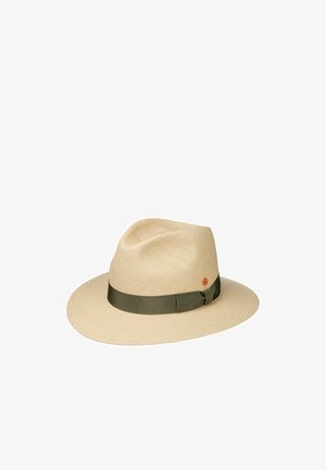 Light beige wide-brimmed fedora hat with a dark green ribbon band and a small red circular logo on the side.