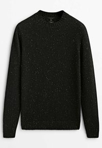 Pull noir à manches longues en maille avec col, poignets et ourlet en côte, présentant de petites taches multicolores sur tout le tissu.
