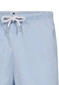 Light blue swim trunks with white vertical stripes, featuring a drawstring waist with metal tips and a smooth fabric texture.