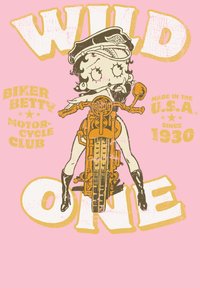 Personnage de dessin animé sur une moto, portant une casquette, avec des cheveux noirs. Le texte dit "WILD ONE," "BIKER BETTY MOTORCYCLE CLUB," sur un fond rose.