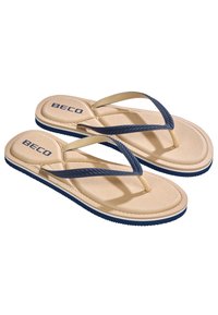 Tongs beiges avec des lanières en caoutchouc bleu marine, présentant une semelle texturée, un logo BECO et un design classique.