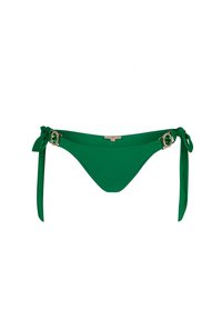 Parte inferiore di bikini verde con lacci laterali, caratterizzata da accessori in oro decorativi e un accento di pietra smeraldo. Tessuto morbido, design elegante.