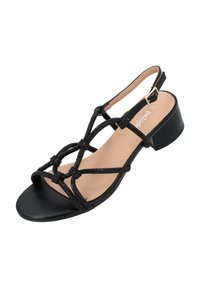 Schwarze Sandalen mit flachem Absatz, ausgestattet mit geflochtenen Riemen im Kreuzdesign und einem verstellbaren Knöchelriemen. Glatte Sohle mit matter Oberfläche.