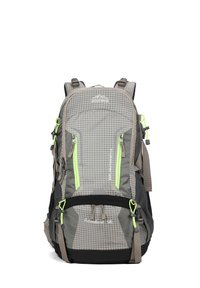 Sac à dos gris avec un motif en grille, accents vert vif, double zippers, bretelles rembourrées, plusieurs compartiments et un fond noir. Idéal pour une utilisation en extérieur.
