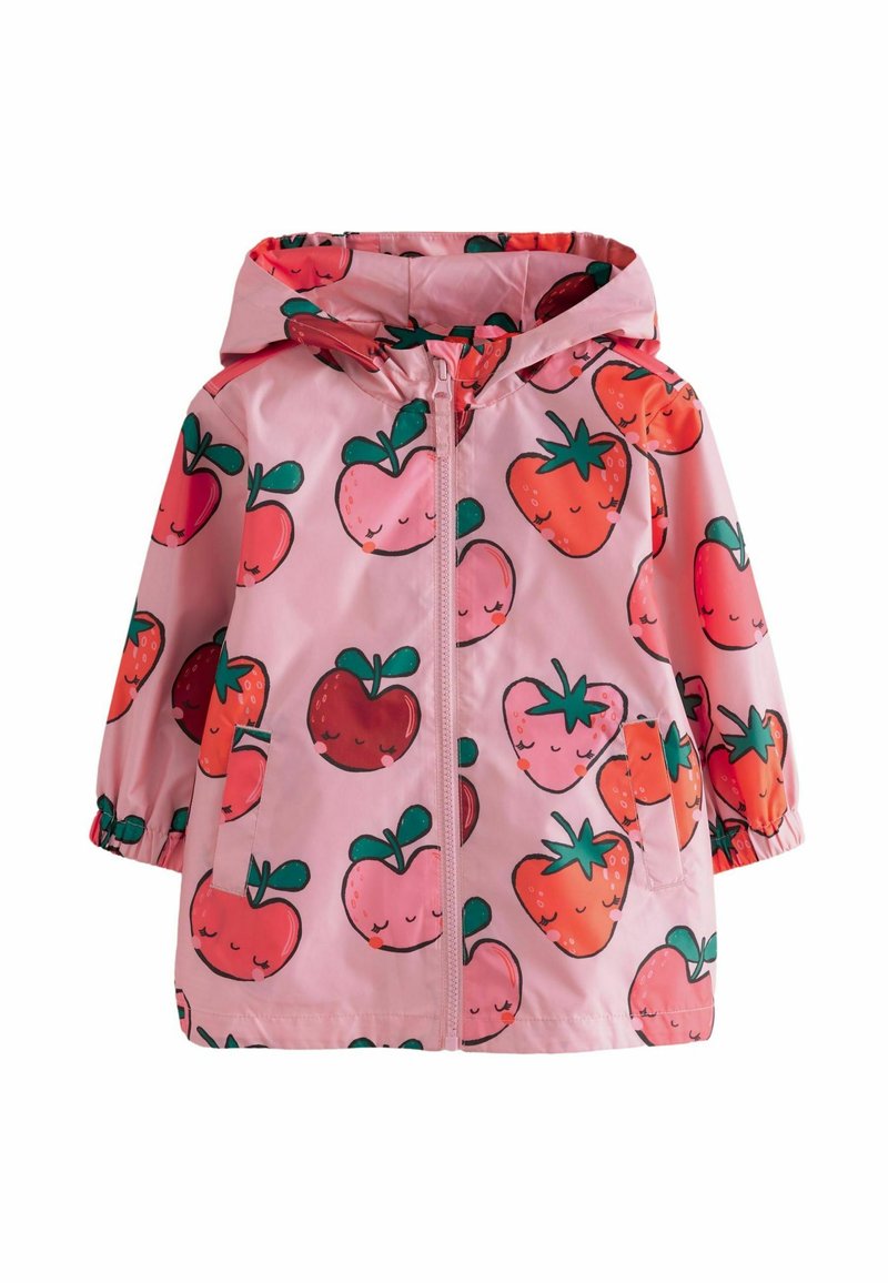 Pinke Regenjacke mit Kapuze, die ein verspieltes Obstmuster mit lächelnden Erdbeeren und Kirschen zeigt. Sie hat elastische Bündchen und einen Reißverschluss vorne.