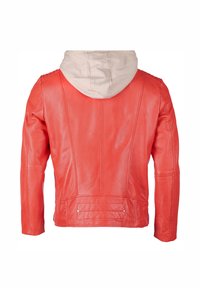 Röd läderjacka med en beige huva, med en figursydd design, texturerad yta, vertikala sömmar och två nedre fickor.