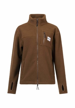 Braune Fleecejacke mit hohem Kragen, Reißverschluss vorne und einer Brusttasche. Verfügt über Seitentaschen und Daumenlöcher an den Ärmeln.