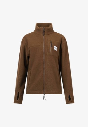Braune Fleecejacke mit hohem Kragen, Reißverschluss vorne und einer Brusttasche. Verfügt über Seitentaschen und Daumenlöcher an den Ärmeln.