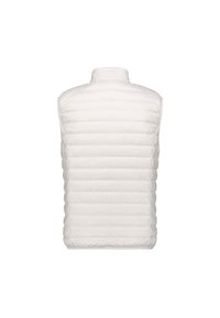 Witte gewatteerde mouwloze bodywarmer met hoge kraag, gezien van achteren tegen een effen witte achtergrond.