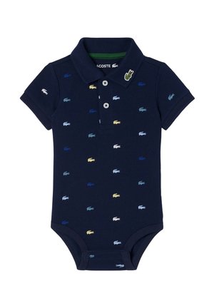 Body per neonato a maniche corte blu navy con colletto tipo polo, patta con bottoni e motivi di coccodrilli ricamati multicolore su tutto il tessuto.