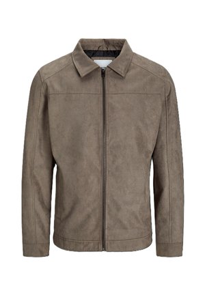 Brown suede jacket with a stand collar, front zipper closure, and subtle stitching details. Slim fit with long sleeves, no pockets.