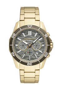 Guldtonet Armani Exchange armbåndsur med grå tekstureret urskive, tre subskiver, datovindue og 100 meters vandtæthed.