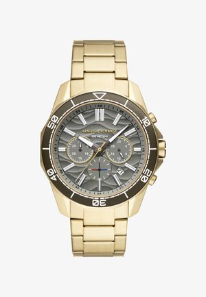 Montre-bracelet Armani Exchange en doré avec un cadran texturé gris, trois sous-cadrans, une fenêtre de date et une résistance à l'eau de 100 mètres.