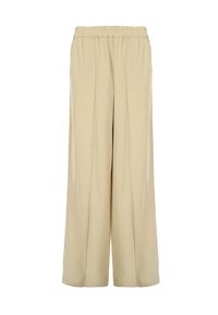 Pantalons larges beiges en tissu léger avec une taille élastique et des plis sur le devant, présentant une texture lisse et une coupe décontractée.