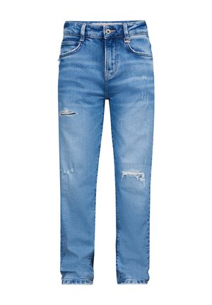 Blaue Jeans aus Denim mit lockerer Passform, versehen mit ausgefransten Details und aufgerissenen Patches, fünf Taschen und einem standardmäßigen Bund mit Knopf.