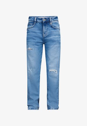 Blauwe spijkerbroeken met een relaxte pasvorm, voorzien van versleten details en rafelige patches, vijf zakken en een standaard tailleband met een knoop.
