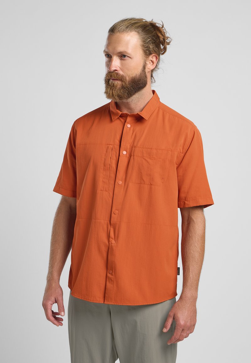 Korte mouwen shirt in levendig oranje, met een knoopsluiting aan de voorkant, een enkele borstzak, een gladde textuur en een ontspannen pasvorm.