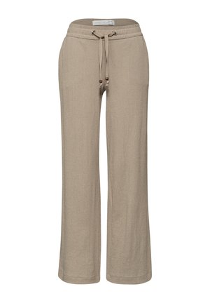 Pantalon beige à jambes larges en tissu texturé, taille élastiquée et cordon de serrage devant avec des accents de perles en bois.