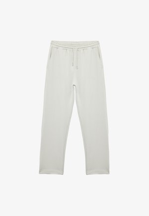 Light gray sweatpants made of soft fabric, featuring an elastic waistband with drawstring, side pockets, and a straight-leg design.