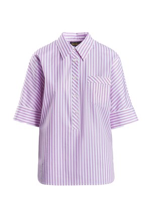 Collared short-sleeve shirt in light purple and white stripes. Features a front pocket and button closure. Smooth fabric texture.
