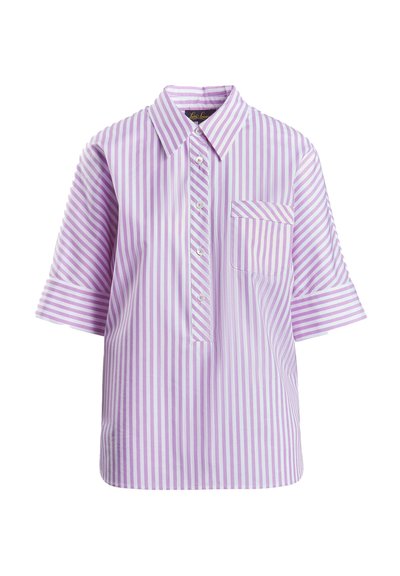 Kraagloze shirt met korte mouwen in lichtpaars met witte strepen. Beschikt over een borstzak en knoopsluiting. Soepele stoftextuur.