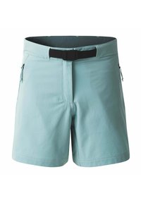 Helle blaue Shorts aus leichtem Material, mit einem verstellbaren schwarzen Gürtel, Vorderstaschen und einem schlichten Design.