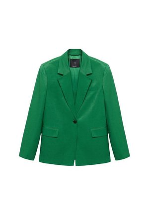 Green blazer made of smooth fabric, featuring notched lapels, a single button closure, two front pockets, and a streamlined silhouette.