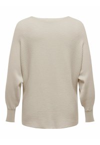 Light beige ribbed sweater with a wide neckline, elongated sleeves, and a relaxed fit. The texture features horizontal stripes throughout.