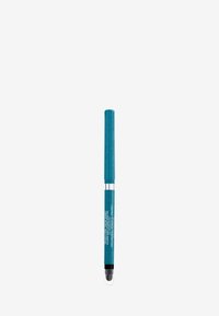 Crayon teal avec une lueur métallique, doté d'un capuchon transparent et d'une pointe noire. Une bande argentée affiche les informations sur le produit.