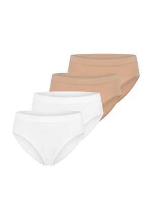 Zwei Paar nahtlose Damenunterhosen in Beige und zwei Paar in Weiß, angeordnet in versetzten Reihen.