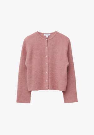 Pink knitted cardigan with a round neck, long sleeves, and a front button closure. Features a soft, textured finish.