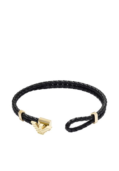 Czarna pleciona skórzana bransoletka z złotym metalowym zapięciem z logo orła i ozdobnym akcentem na jednym końcu.
