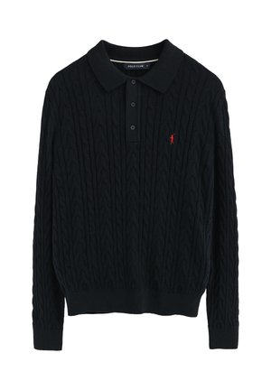 Schwarzer Strickpolo-Pullover mit strukturiertem Kabelmuster, Drei-Knopf-Leiste und kleinem roten Logo auf der linken Seite.