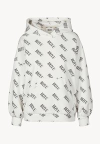 Witte hoodie met herhaalde zwarte "BIZUU" logo-tekst. Ontworpen met een voorzak, ballonmouwen en een capuchon met trekkoord.