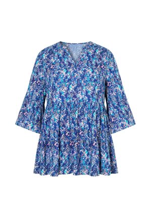 Niebieska kwiecista tunika z dekoltem w kształcie litery V, rozszerzanymi rękawami i sylwetką w linii A. Wykonana z lekkiego materiału o miękkiej fakturze i kolorowym kwiecistym wzorze.