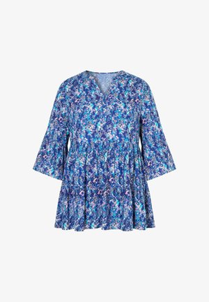 Niebieska kwiecista tunika z dekoltem w kształcie litery V, rozszerzanymi rękawami i sylwetką w linii A. Wykonana z lekkiego materiału o miękkiej fakturze i kolorowym kwiecistym wzorze.