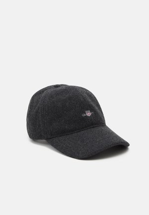 Casquette de baseball en laine gris foncé avec une visière incurvée et un petit logo brodé au centre avant.